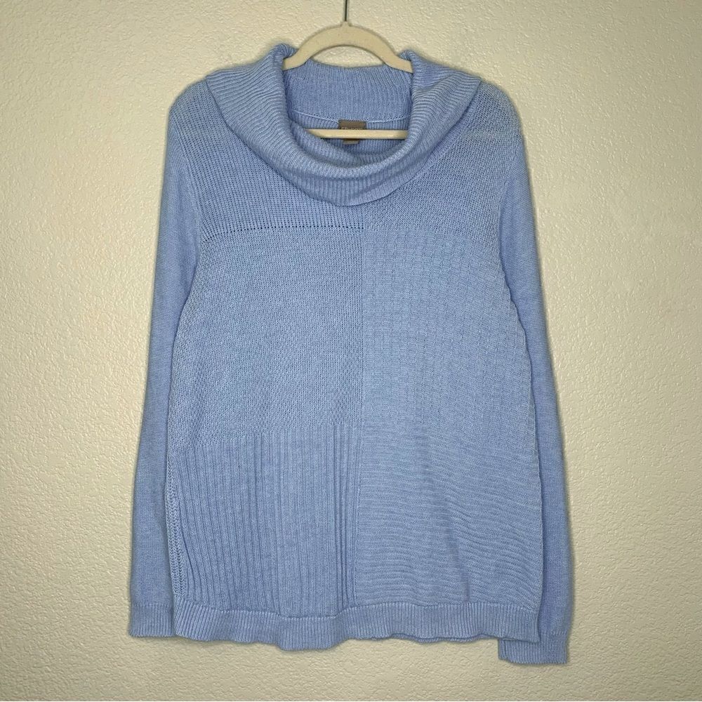 Chico’s Women’s Size Large Blue Cowl-Neck Mixed Stitch Sweater